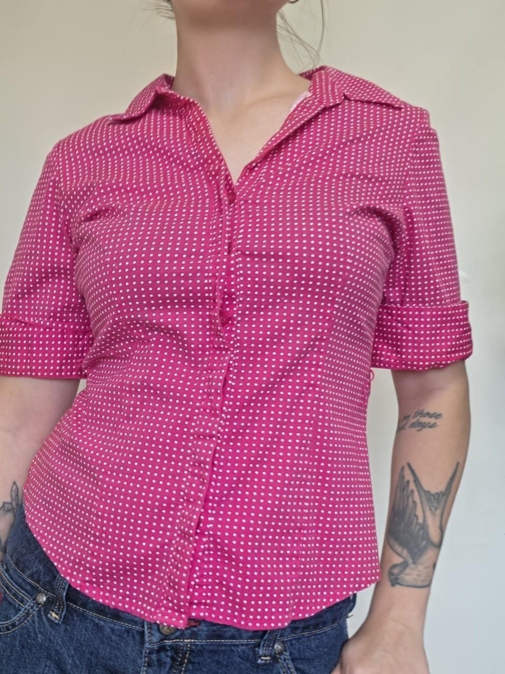 Vintage y2k pink polka dot button up